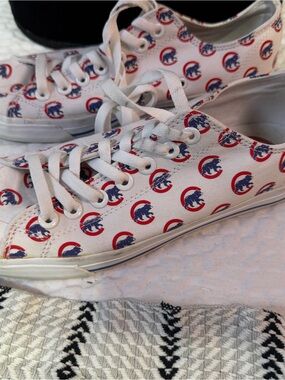 White Canvas Lace-Up Sneakers with Red & Blue Logo Print